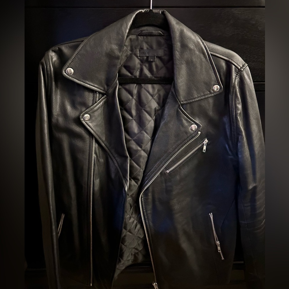 ASOS DESIGN leather biker jacket in black - Black / S